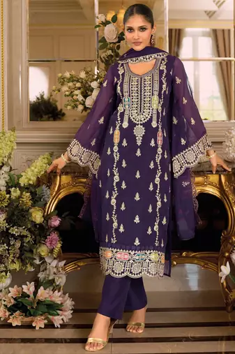 purple embroidered chiffon straight-suits