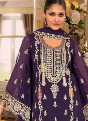 purple embroidered chiffon straight-suits 2