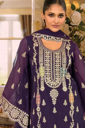 purple embroidered chiffon straight-suits