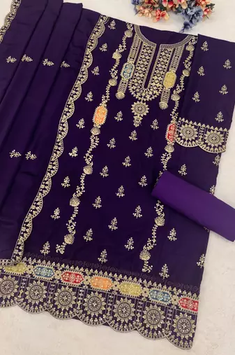 purple embroidered chiffon straight-suits