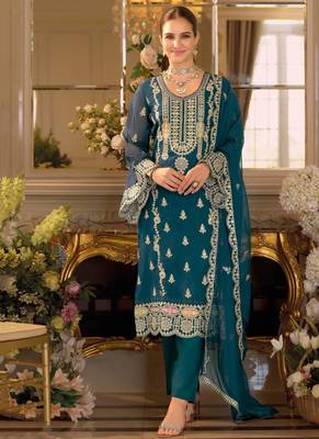 blue embroidered chiffon straight-suits 1