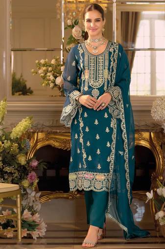 blue embroidered chiffon straight-suits