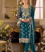 blue embroidered chiffon straight-suits