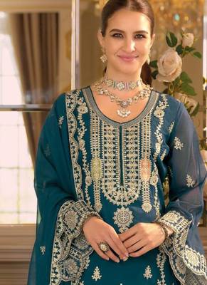 blue embroidered chiffon straight-suits 2