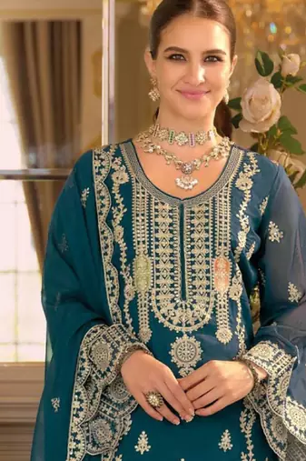 blue embroidered chiffon straight-suits