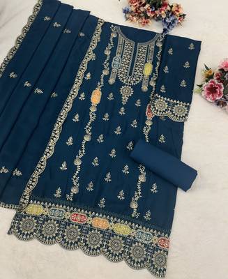blue embroidered chiffon straight-suits 3