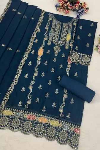 blue embroidered chiffon straight-suits