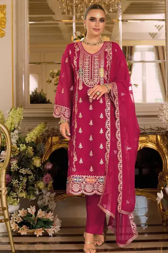 pink embroidered chiffon straight-suits