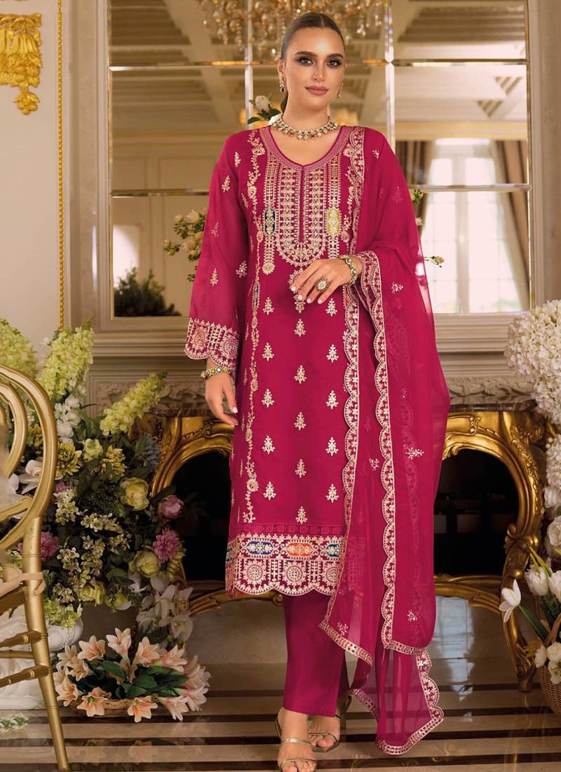 pink embroidered chiffon straight-suits