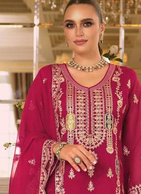 pink embroidered chiffon straight-suits 2