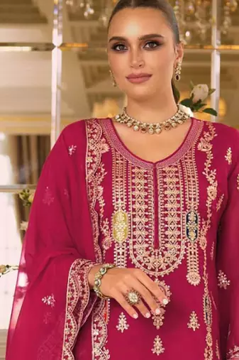 pink embroidered chiffon straight-suits