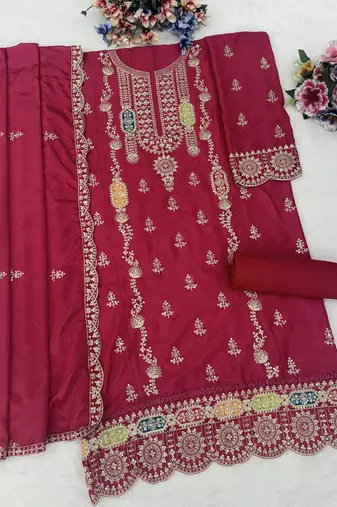 pink embroidered chiffon straight-suits