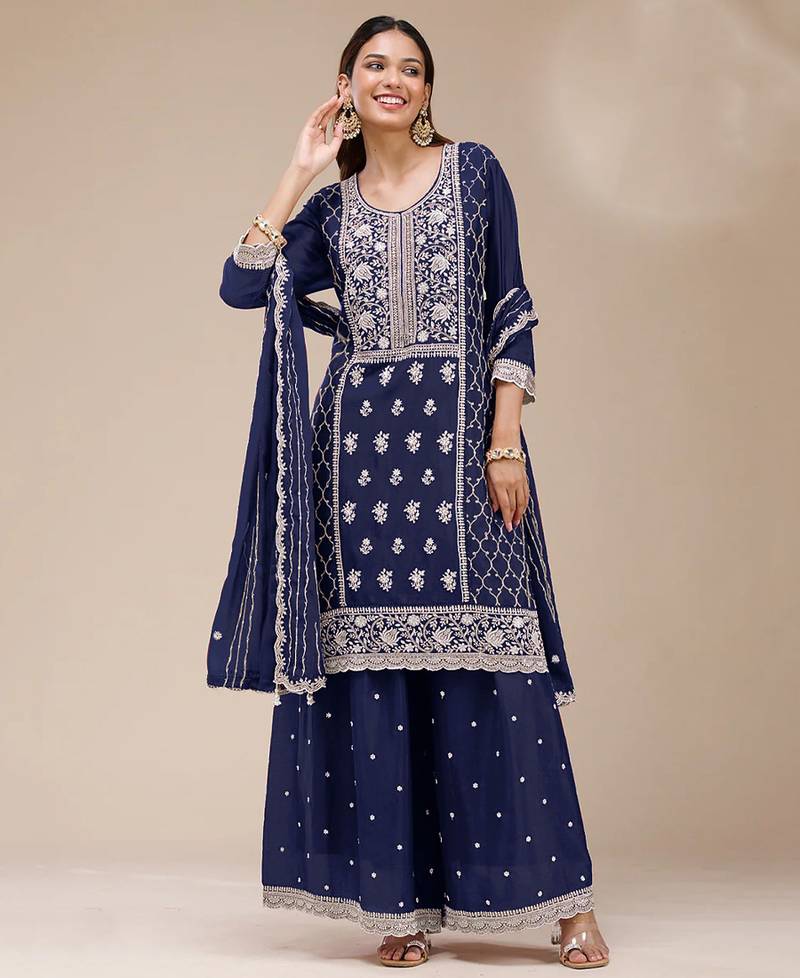 navy-blue embroidered georgette salwar-kameez