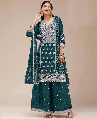 teal-blue embroidered georgette salwar-kameez 1