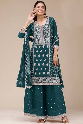 teal-blue embroidered georgette salwar-kameez