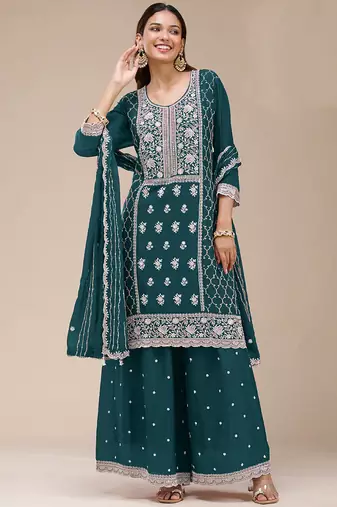 teal-blue embroidered georgette salwar-kameez