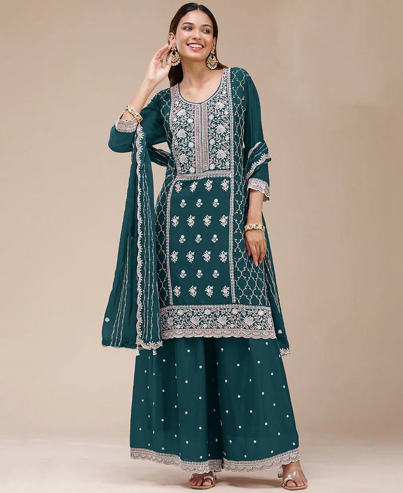 teal-blue embroidered georgette salwar-kameez