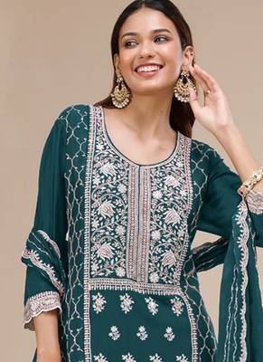 teal-blue embroidered georgette salwar-kameez 2