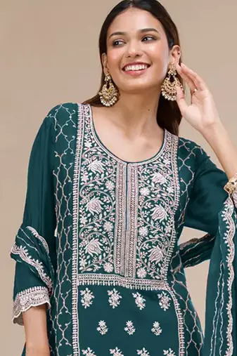 teal-blue embroidered georgette salwar-kameez