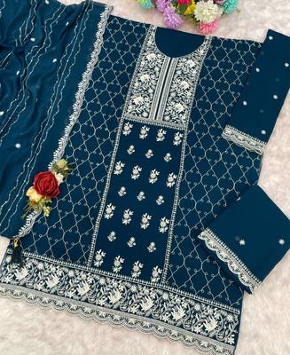 teal-blue embroidered georgette salwar-kameez 3