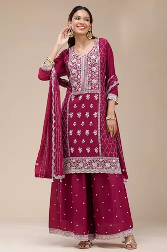 magenta embroidered georgette salwar-kameez