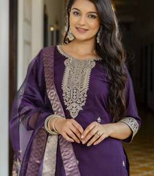 Purple viscose chanderi embroidered suit jacquard organza dupatta