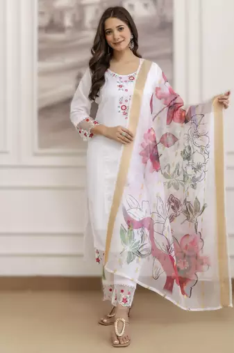 white embroidered chanderi kurti digital print organza jacquard dupatta