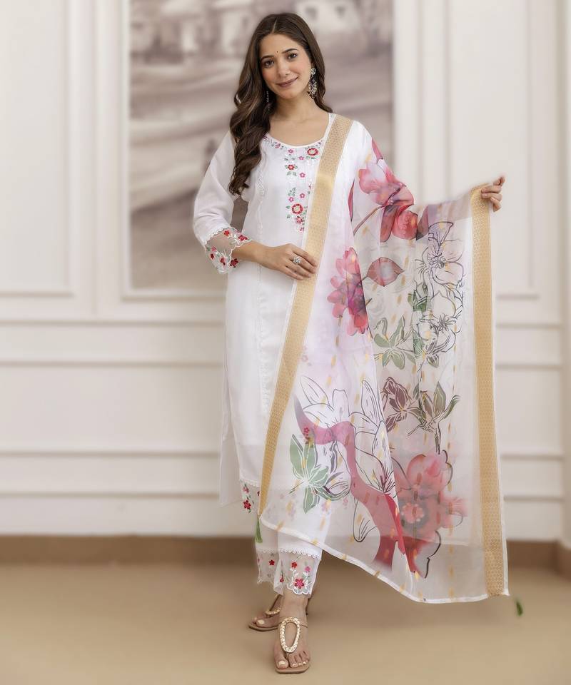 white embroidered chanderi kurti digital print organza jacquard dupatta