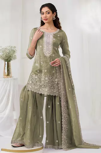 olive embroidered silk salwar-kameez