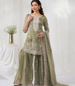 olive embroidered silk salwar-kameez