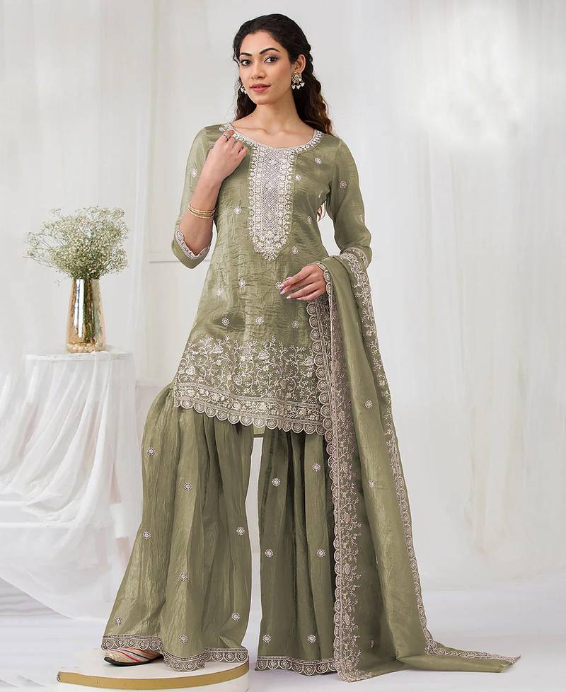 olive embroidered silk salwar-kameez