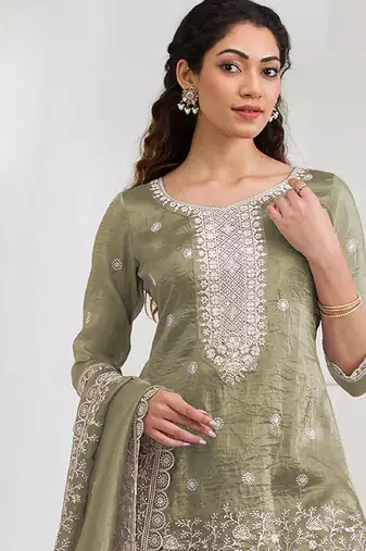 olive embroidered silk salwar-kameez