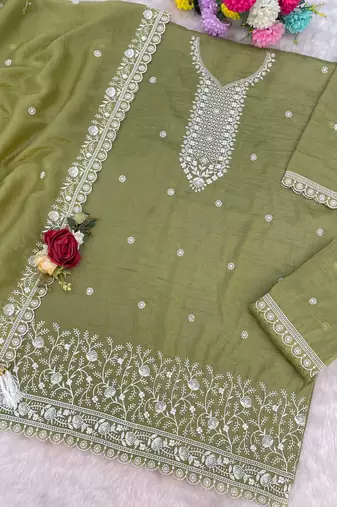 olive embroidered silk salwar-kameez