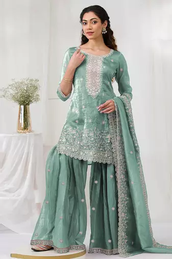 sky-blue embroidered silk salwar-kameez