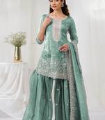 sky-blue embroidered silk salwar-kameez