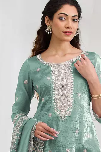 sky-blue embroidered silk salwar-kameez