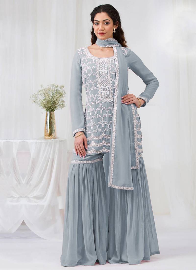 sky-blue embroidered georgette salwar-kameez