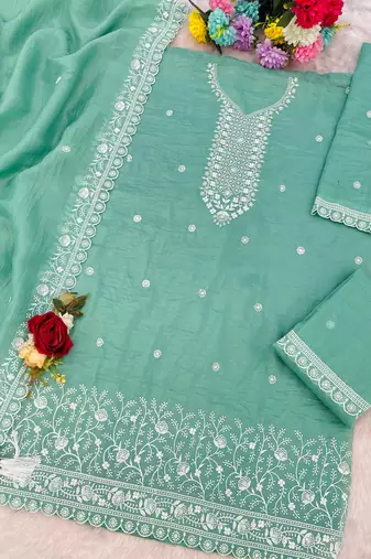 sky-blue embroidered silk salwar-kameez