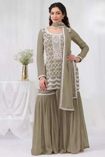 olive embroidered georgette salwar-kameez