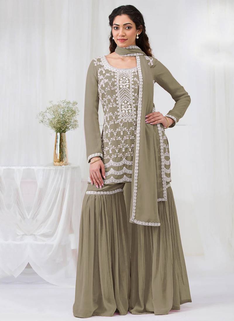 olive embroidered georgette salwar-kameez