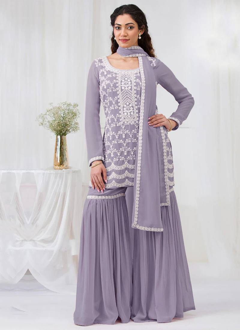 lilac embroidered georgette salwar-kameez