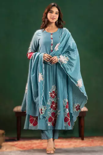 Sky blue chanderi silk embroidered kurta pant dupatta