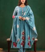 sky blue chanderi silk embroidered kurta pant dupatta