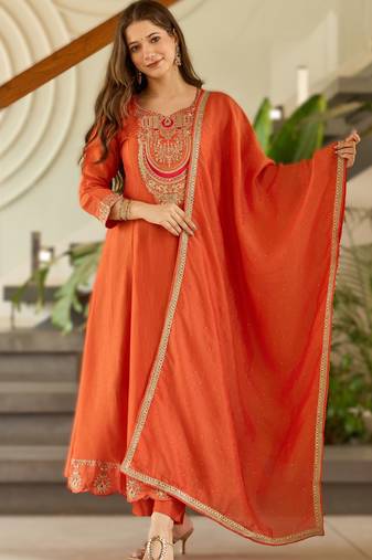 Orange silk embroidered flared kurta pant dupatta
