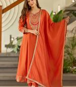 Orange silk embroidered flared kurta pant dupatta