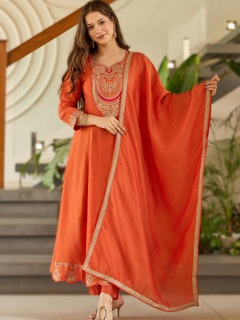 Orange silk embroidered flared kurta pant dupatta