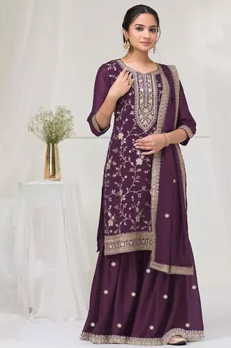 purple embroidered silk salwar-kameez
