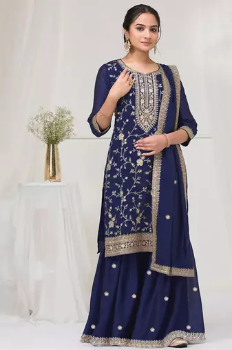 blue embroidered silk salwar-kameez