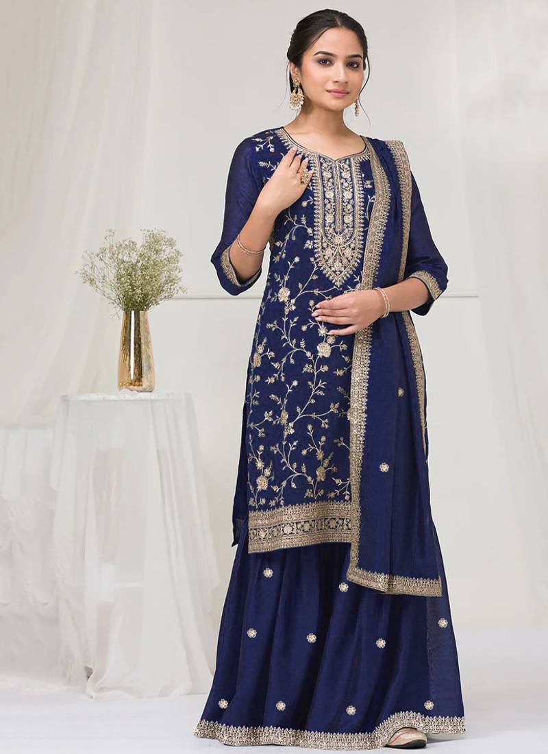 blue embroidered silk salwar-kameez