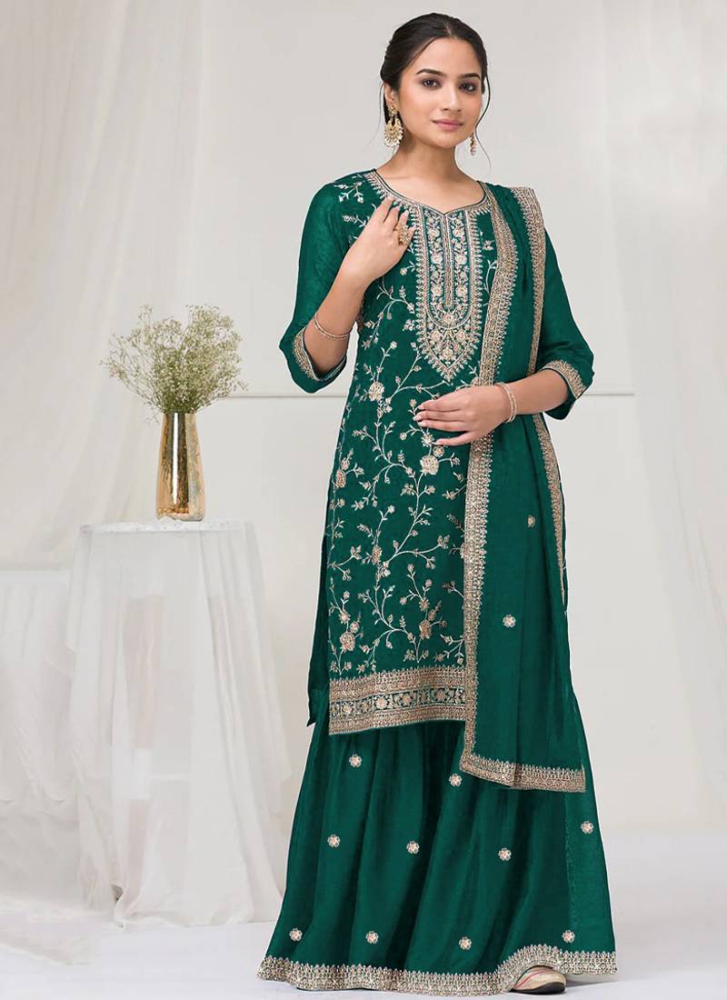 green embroidered silk salwar-kameez